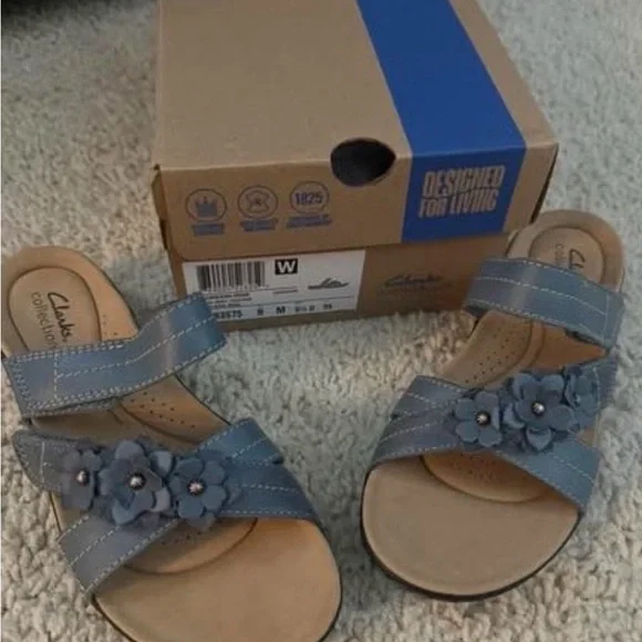 Clarks Denim Blue Sandals with Floral Design - Picture 1 of 1